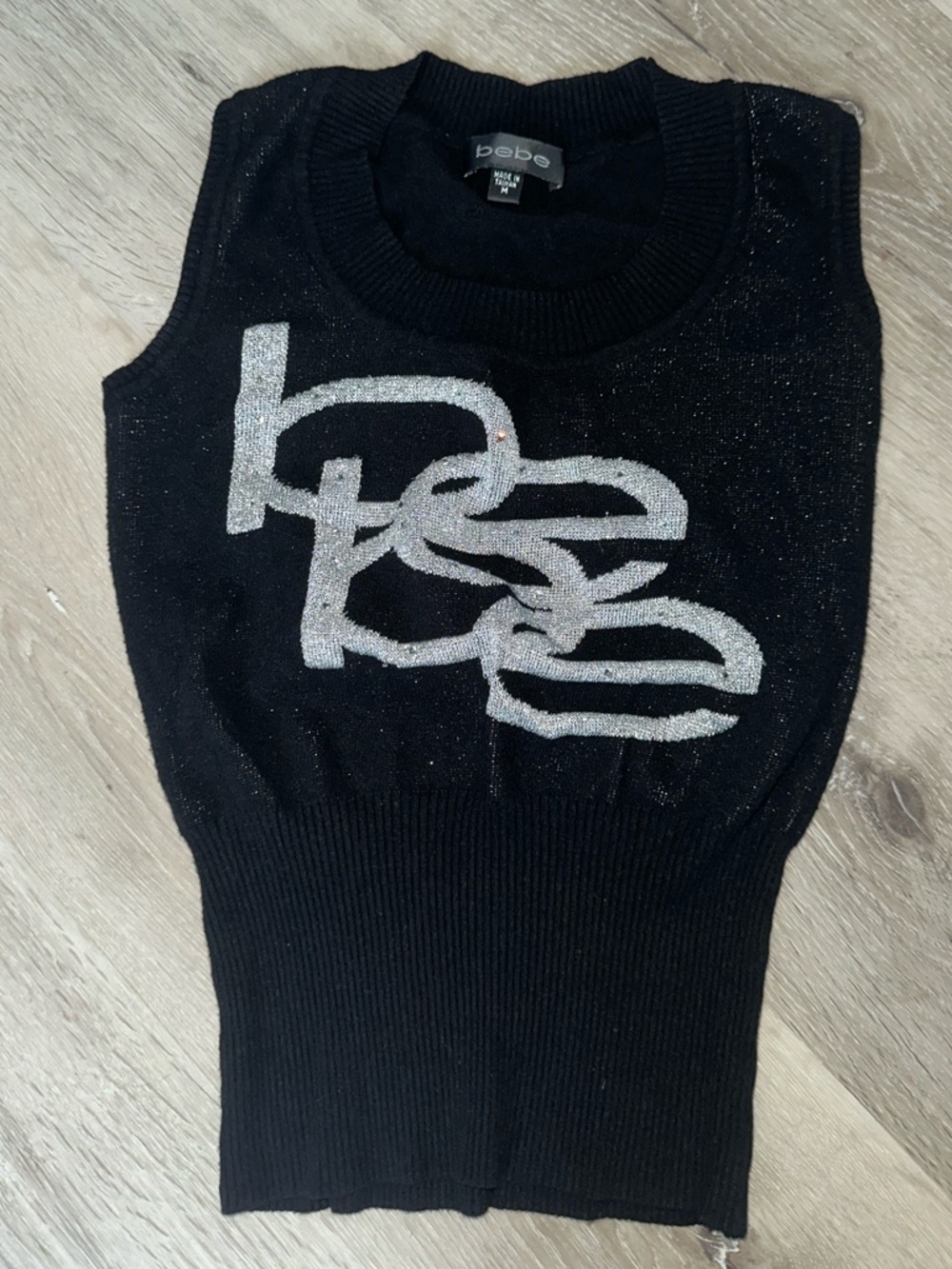 bebe Black Sleeveless Crew Neck Sweater Tank with Silver Logo
